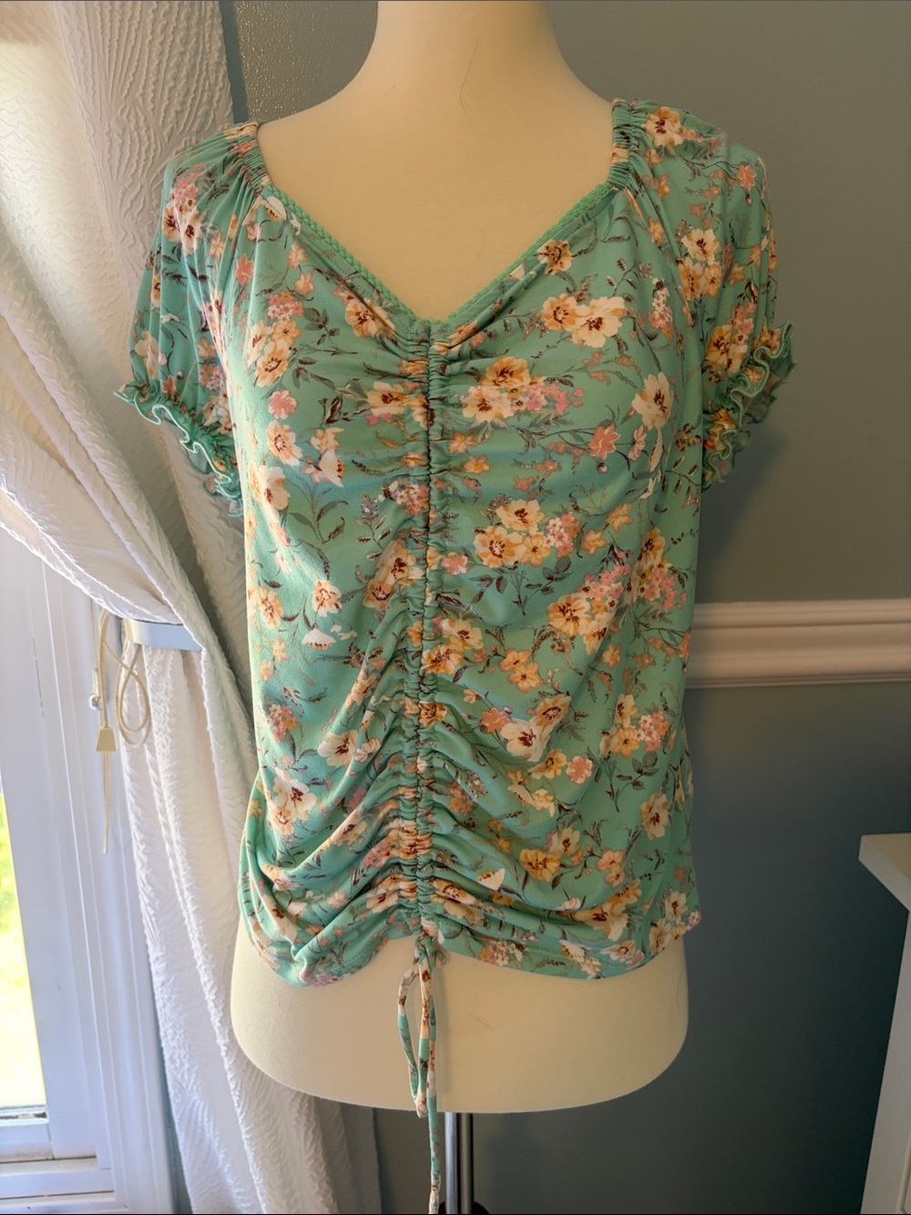 No Boundaries Floral Ruched V-Neck Top - Mint Green and Pink
